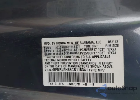 2012 Honda Odyssey Ex-L from USA, damaged, VIN 5FNRL5H68CB118341